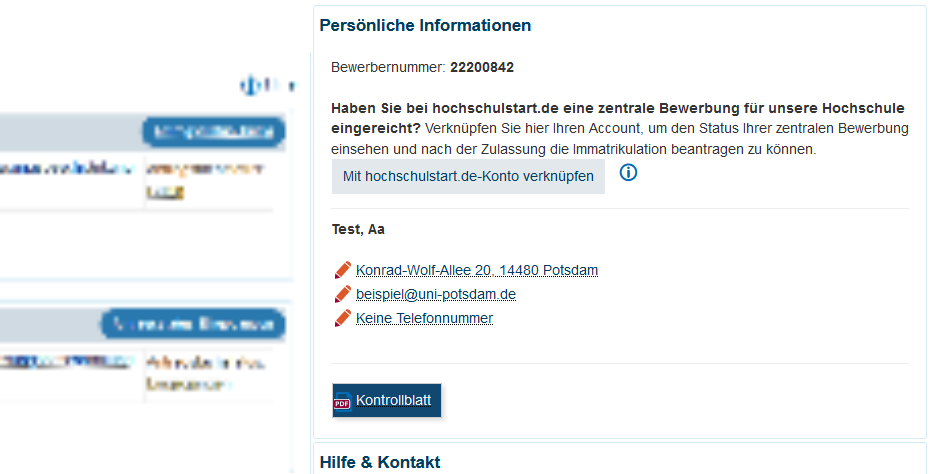 Ansicht der persönlichen Daten mit Schaltfläche für die Verknüpfung des Kontos mit Hochschulstart