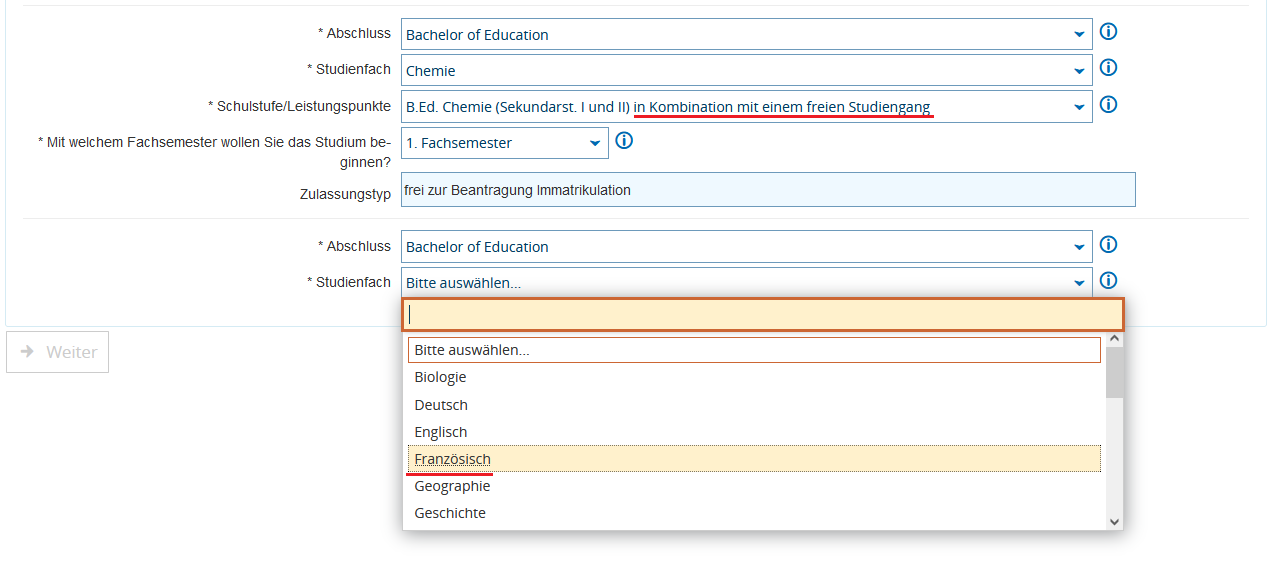 Freier Teilstudiengang in Kombination mit einem freien Teilstudiengang