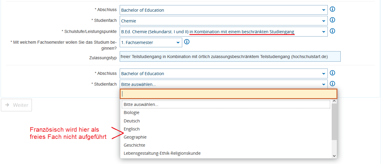 Freier Teilstudiengang in Kombination mit einem beschränkten Teilstudiengang