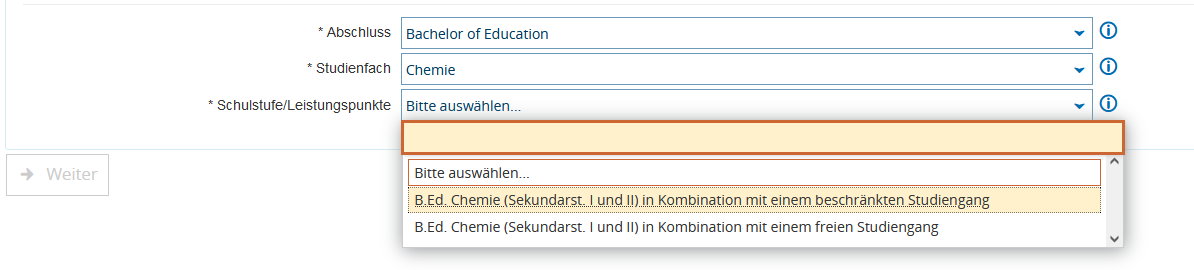 Auswahl eines freien Fachs unter Berücksichtigung des möglichen zweiten Fachs