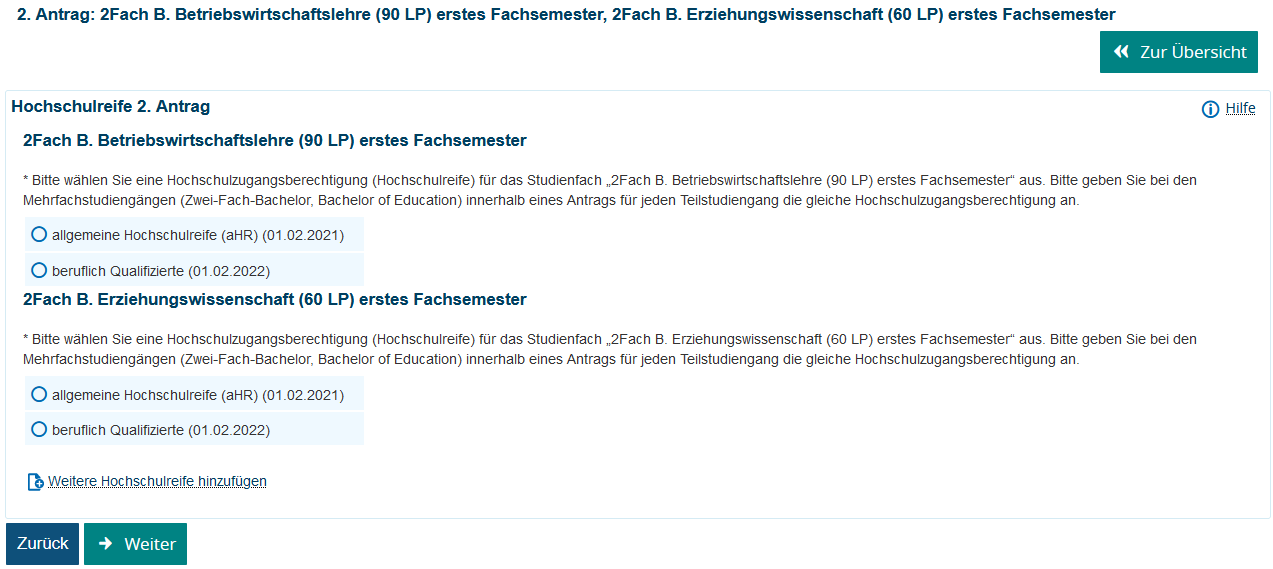 Hochschulzugangsberechtigung zuweisen, wenn nur mehrere vorhanden