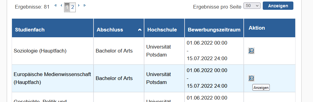 Ergebnisliste der Studienangebotssuche im Losverfahren