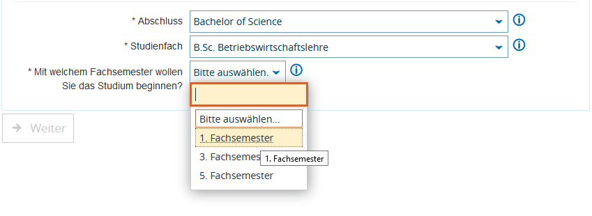 Fachsemester wählen