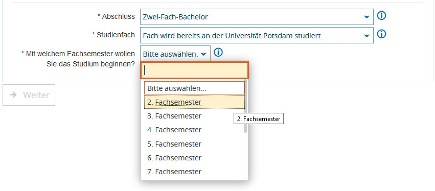 Erstfachauswahl beim Zweitfachwechsel für Zwei-Fach-Bachelor