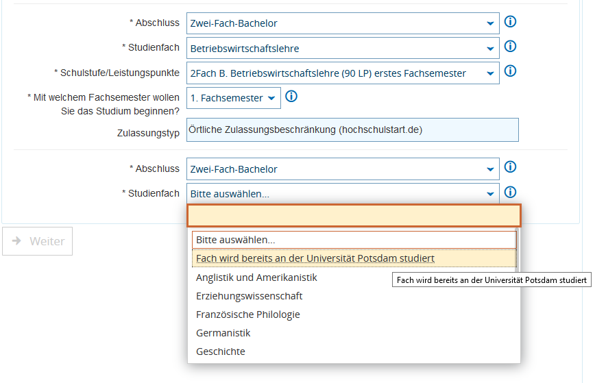 Zweitfachauswahl beim Erstfachwechsel für Zwei-Fach-Bachelor