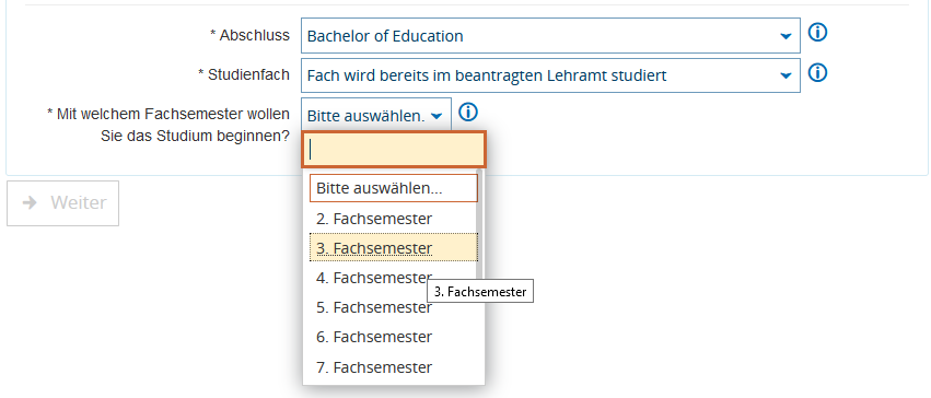 Erstfachauswahl beim Zweitfachwechsel für Bachelor of Education