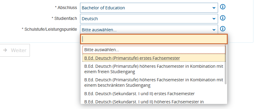 Erstfachauswahl beim Erstfachwechsel für Bachelor of Education